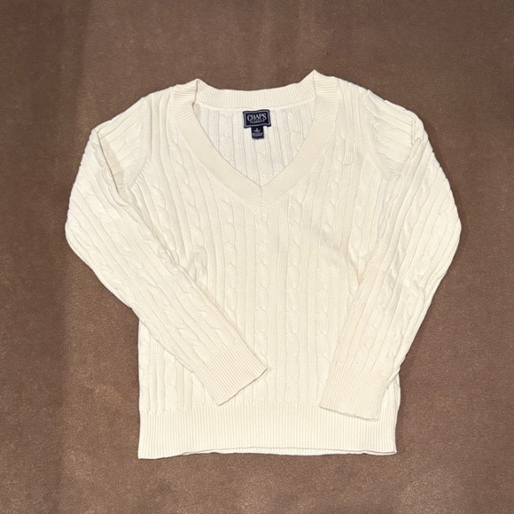CHAPS Sweater Womens S Cotton Cable Knit V-Neck Pullover Ivory - Picture 2 of 4